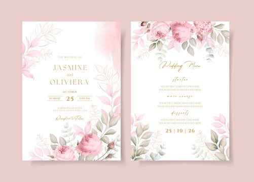 Wedding invitation template set with soft pink floral and leaves decoration