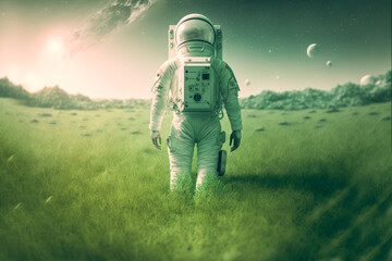 Fototapeta na wymiar astronualt man stang in field grass, AI generate
