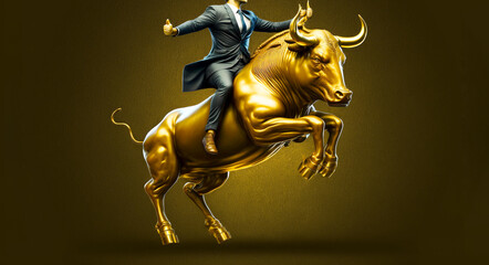 bull jumping up with golden bar, bull market of investing 