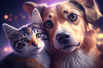 Animal friends: Illustration of a cute dog and a sweet cat cuddling together. Generative ai