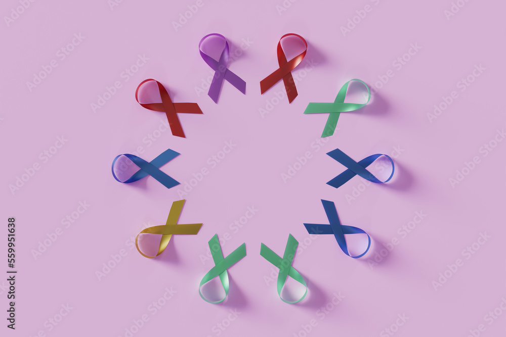 Poster world cancer day colorful ribbon circle array background, 3d rendering