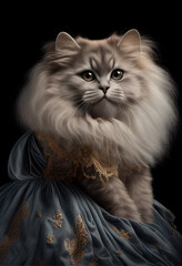 Illustration portrait of a persian exotic longhair cat wearing a princess dress on dark background. Generative ai