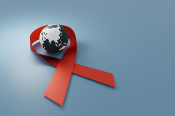 world cancer day red ribbon with globe earth, 3d rendering