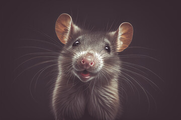 Illustration of a cute brown rat looking into camera with a happy smiling face in front of dark background. Generative ai