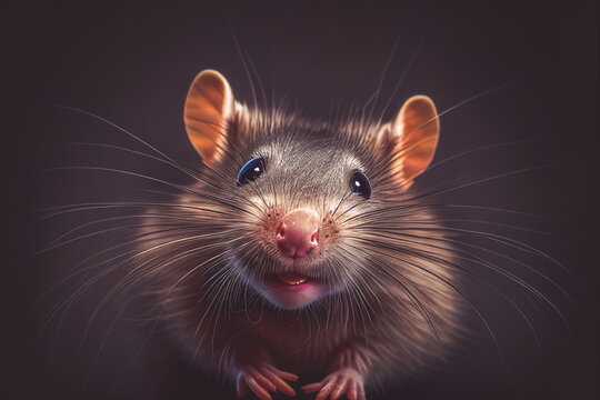 Illustration of a cute brown rat looking into camera with a happy smiling face in front of dark background. Generative ai