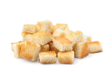 Pile of delicious crispy croutons on white background