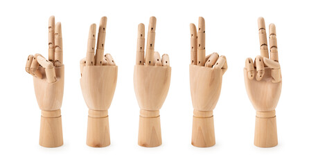 Hands of wooden mannequin making peace sign on white background. Different angles.