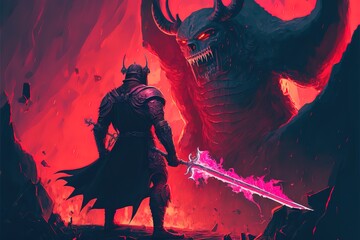 Obraz na płótnie Canvas A knight fights a huge demon in a lava cave