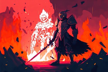 A knight fights a huge demon in a lava cave