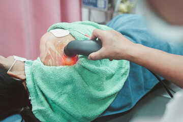 Therapy health and medicine concept, Physiotherapy technique, ultrasound machine, shoulder muscle...
