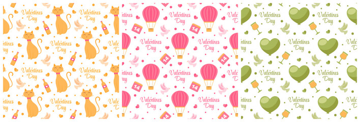 Set of Happy Valentines Day Seamless Pattern Design Love Greeting Card Template Hand Drawn Cartoon Flat Illustration