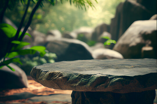 Jungle and stone table background created with generative Ai technologies