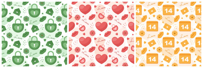 Set of Happy Valentines Day Seamless Pattern Design Love Greeting Card Template Hand Drawn Cartoon Flat Illustration