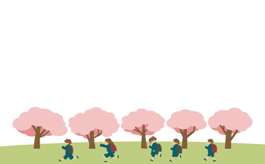 桜の下で走る小学生　ランドセル赤黒