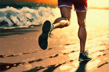 a man's legs running on the beach