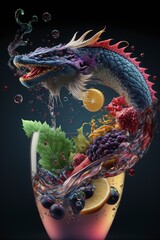 illustration of a dragon, coming out of a fruit cocktail glass, AI generated image