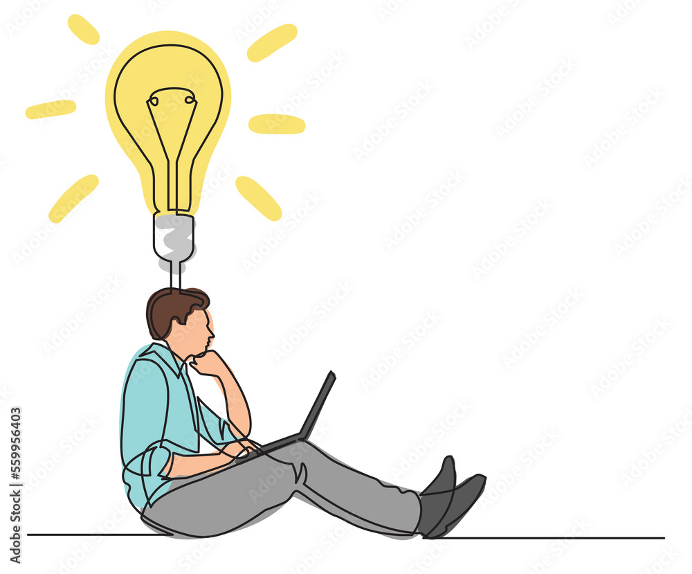 Poster continuous line drawing businessman sitting thinking about idea colored png image with transparent b