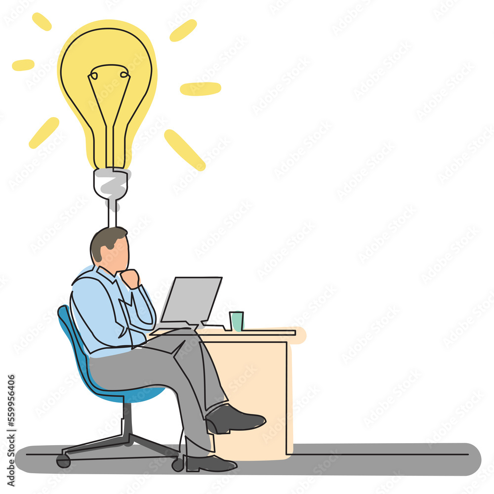 Poster continuous line drawing businessman thinking about idea colored png image with transparent backgroun