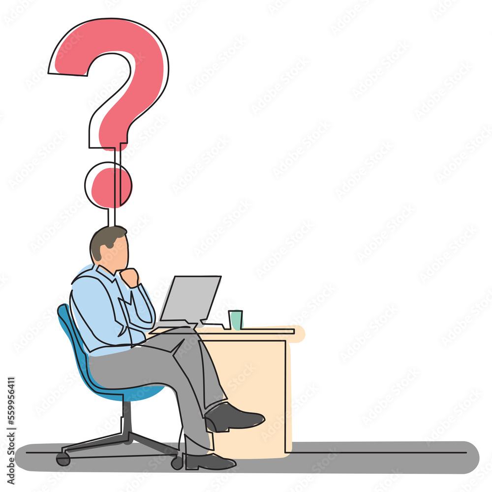 Aufkleber continuous line drawing businessman thinking about question 2 colored png image with transparent bac