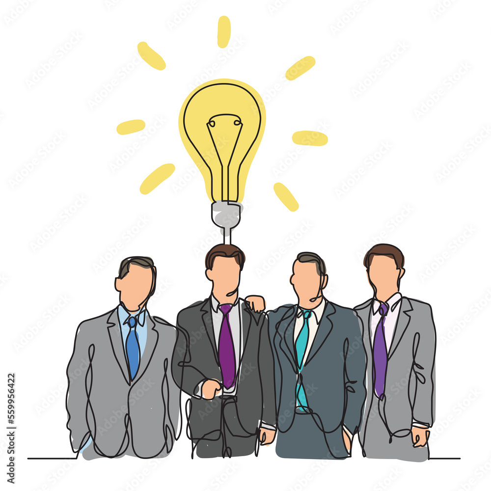 Poster continuous line drawing businessmen team with idea colored png image with transparent background