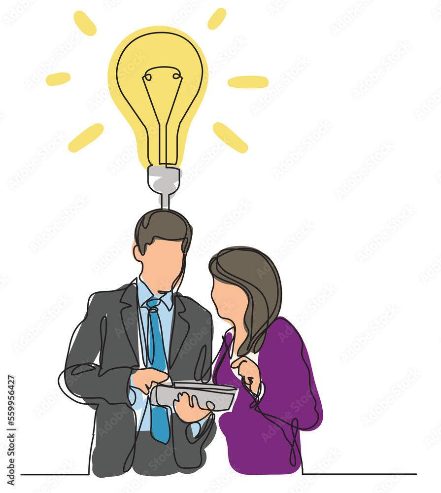 Poster continuous line drawing cowokers discussing idea colored png image with transparent background