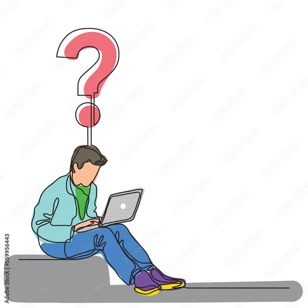Poster continuous line drawing guy with laptop computer with question colored png image with transparent ba