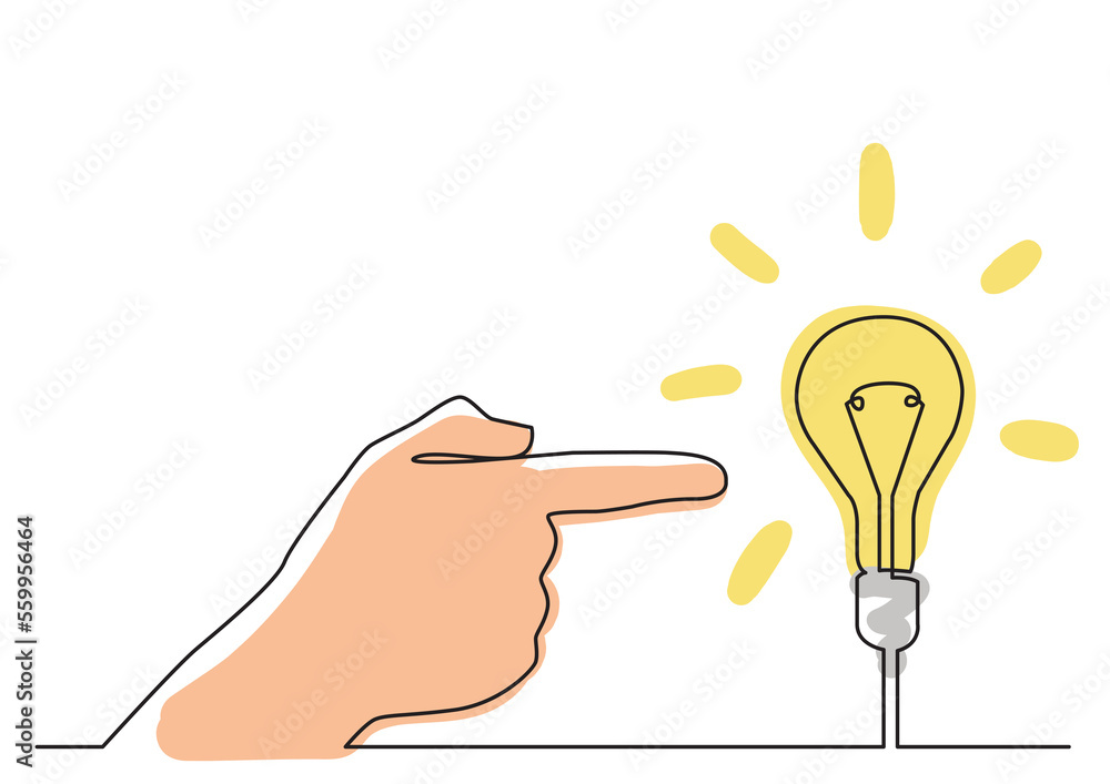 Poster continuous line drawing hand pointing at light bulb colored png image with transparent background