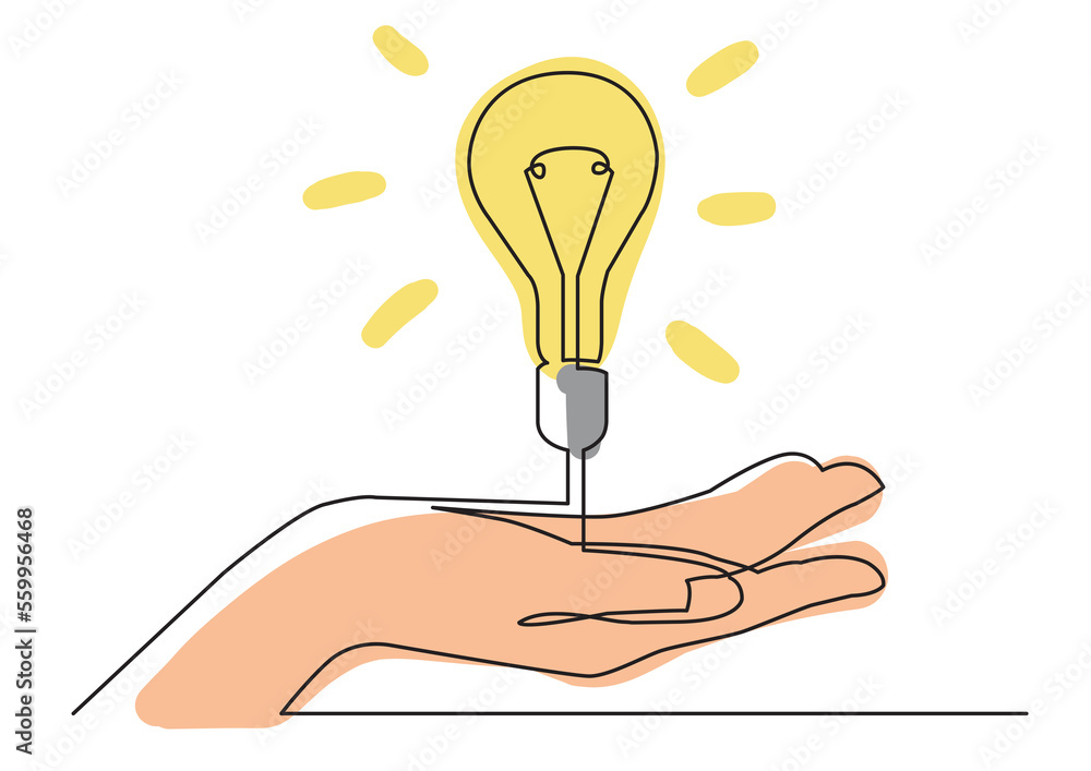 Poster continuous line drawing hand showing light bulb idea colored png image with transparent background