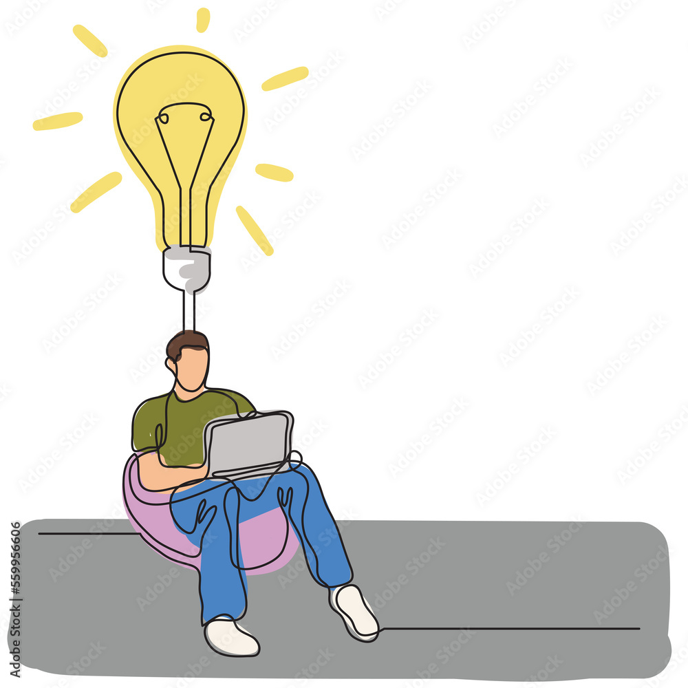 Poster continuous line drawing man sitting with laptop finding new idea colored png image with transparent 