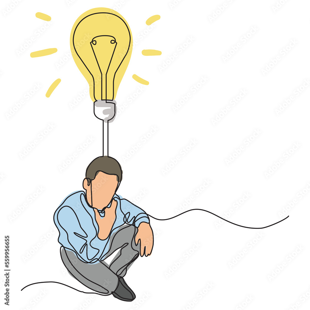 Poster continuous line drawing man thinking about idea colored png image with transparent background