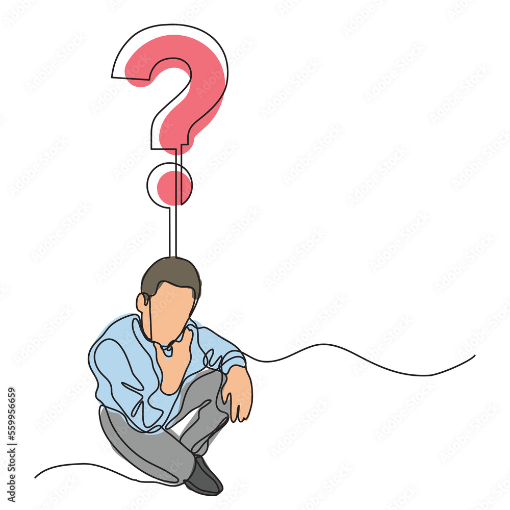 Wall mural continuous line drawing man thinking about question colored PNG image with transparent background