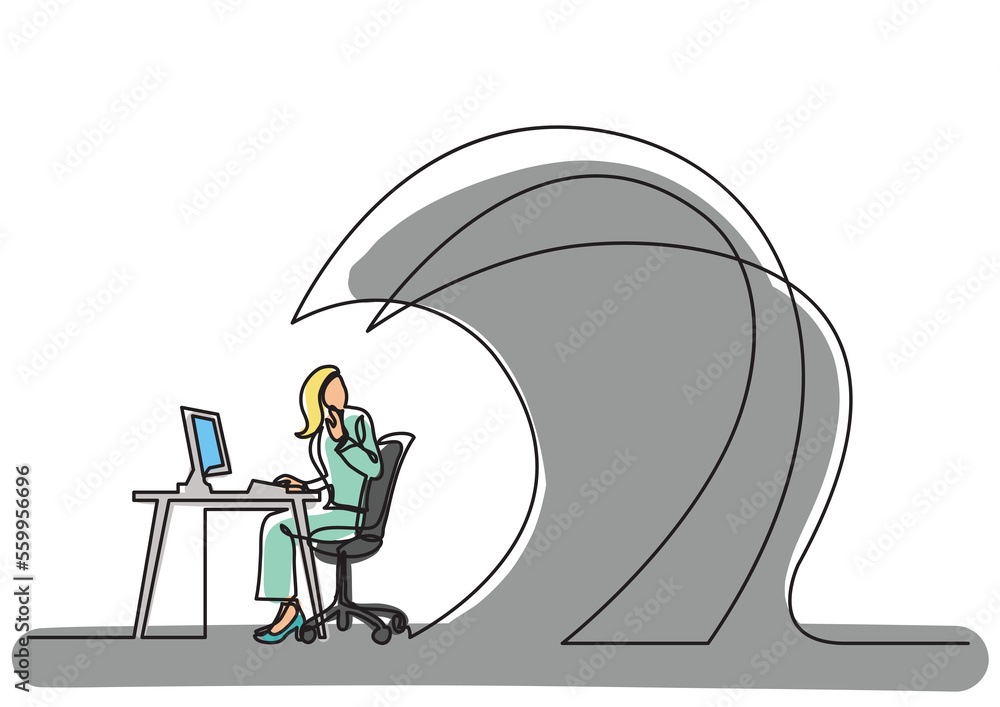 Poster continuous line drawing office worker under waves of work colored png image with transparent backgro