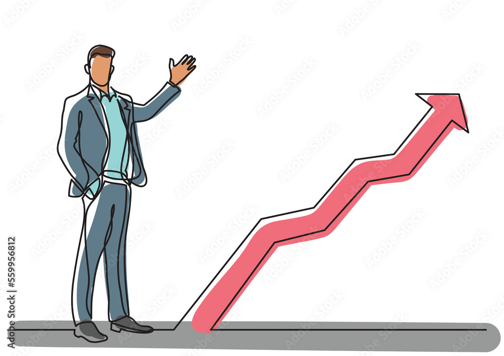 Poster continuous line drawing standing businessman presenting increasing diagram colored png image with tr