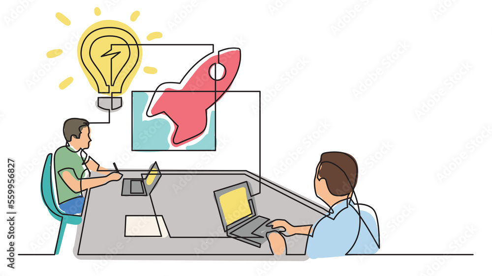 Poster continuous line drawing startup brainstorming session colored png image with transparent background