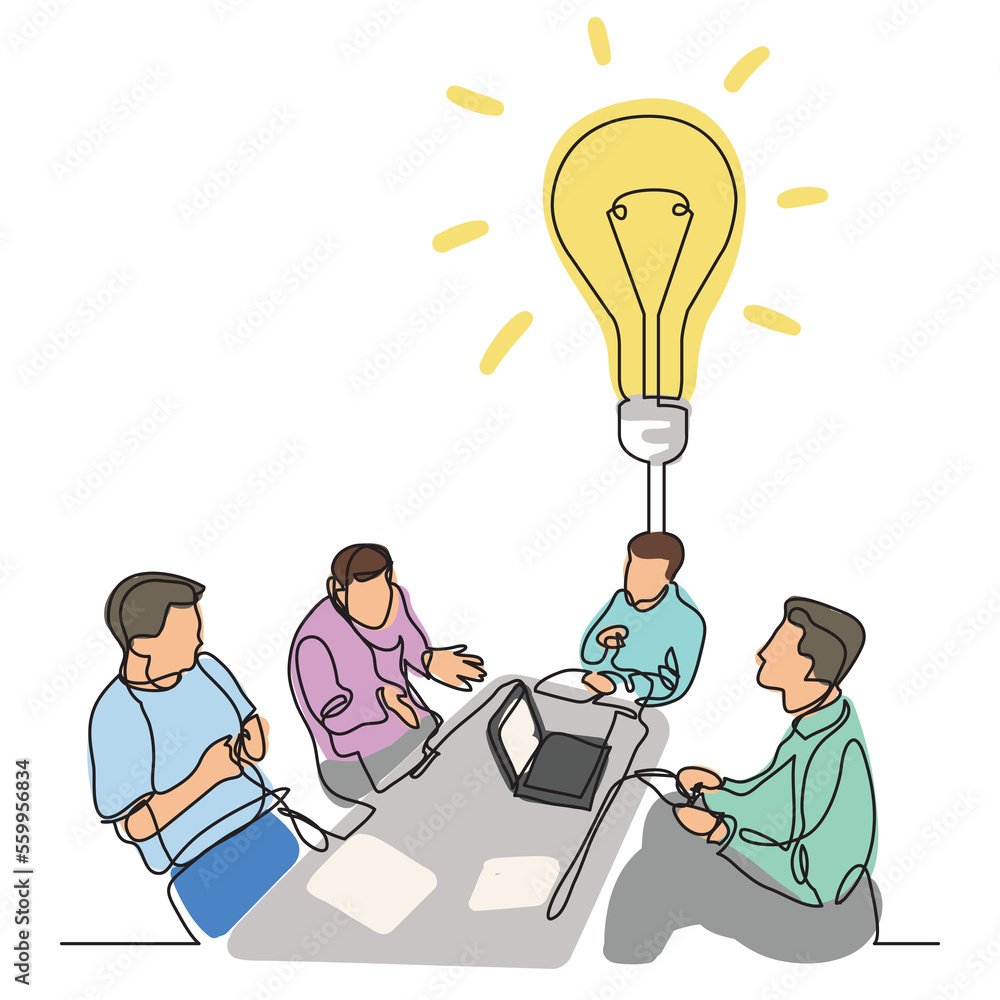 Poster continuous line drawing team discussing idea colored png image with transparent background