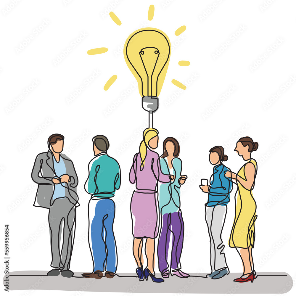 Poster continuous line drawing team discussion idea colored png image with transparent background