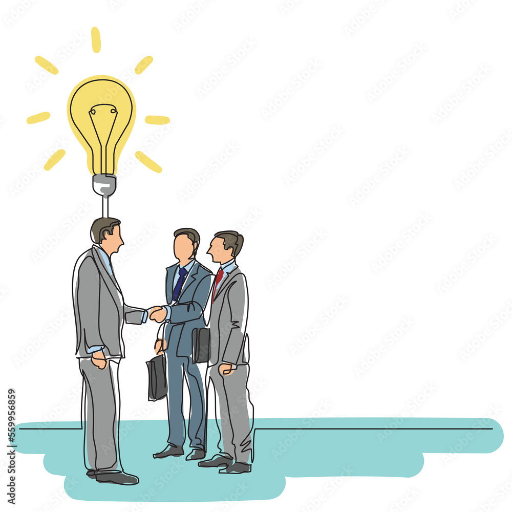 Poster continuous line drawing three businessmen with idea colored png image with transparent background