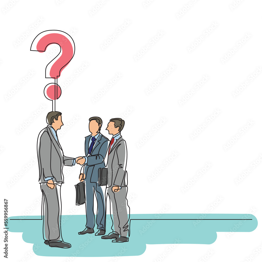 Poster continuous line drawing three businessmen with question colored png image with transparent backgroun