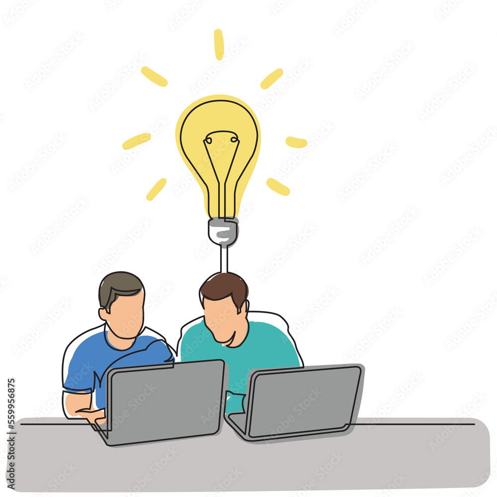 Poster continuous line drawing two men sitting with laptop computers with idea colored png image with trans