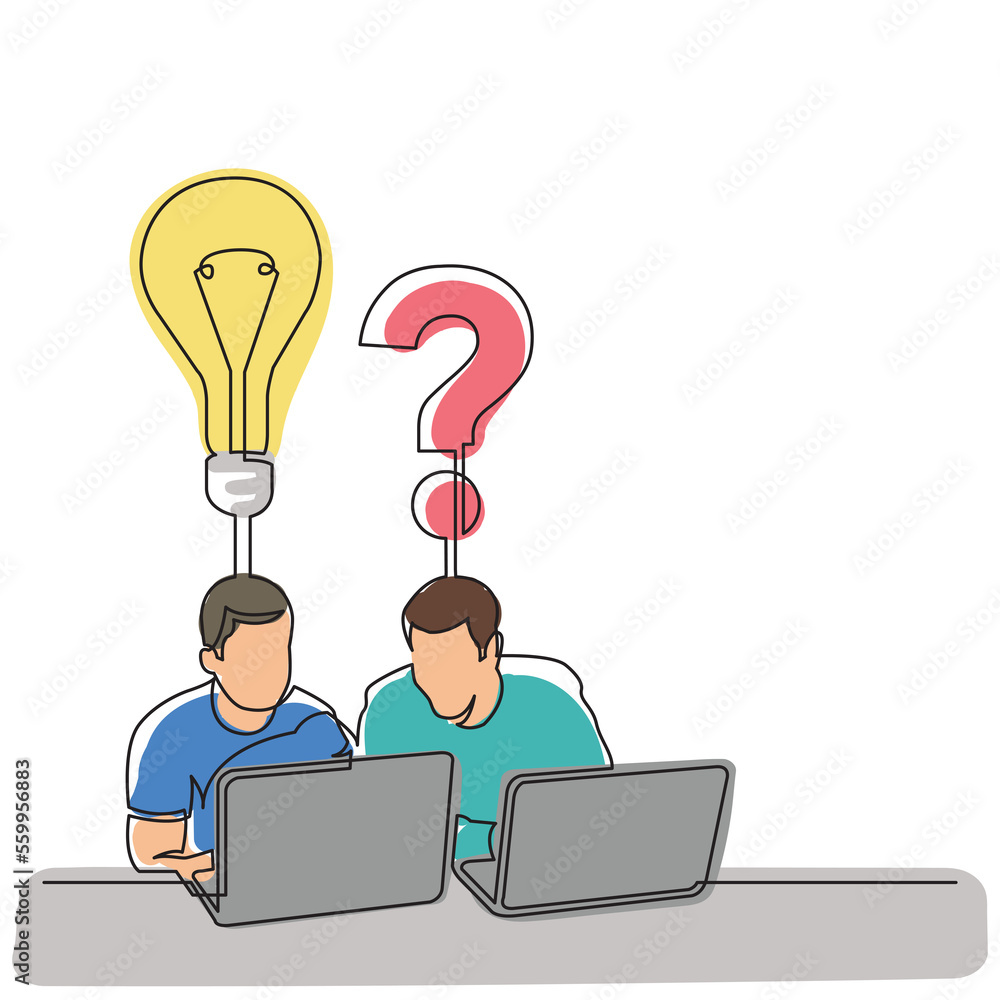 Poster continuous line drawing two men sitting with laptop computers with idea question colored png image w