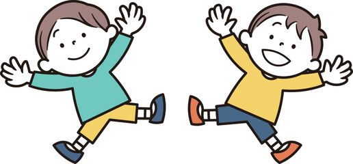 ジャンプをしている2人の日本人小学生の男の子のイラスト素材