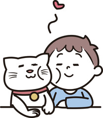仲が良いペットの猫と男の子のイラスト素材