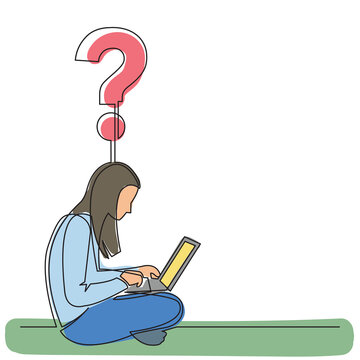 continuous line drawing woman sitting with laptop thinking about question colored PNG image with transparent background