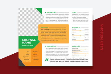 User Persona Document Template Vector Illustration. Examples of User Personas template. Persona Document. Persona Template for UI UX designer. User Persona vector horizontal template with double color