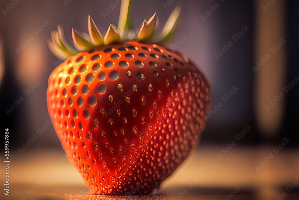 Poster shot in macro mode with a shallow depth of focus, this huge red strawberry is ready to eat. generati