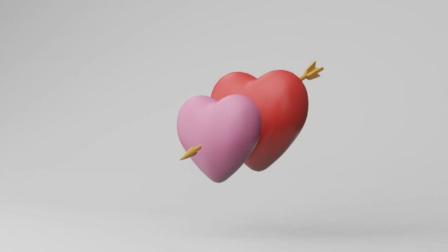 3D animation Couple realistic pink glossy candy hearts with golden arrow in white background. 3d render. 4k resolution