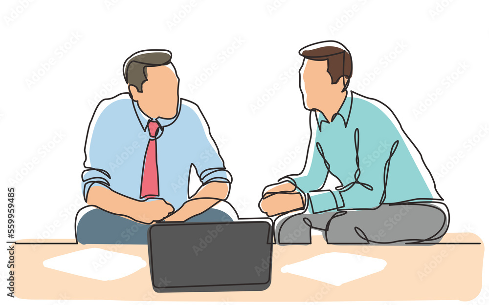 Poster continuous line drawing two businessmen sitting talking colored png image with transparent backgroun