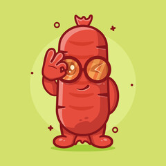 funny sausage food character mascot with ok sign hand gesture isolated cartoon in flat style design