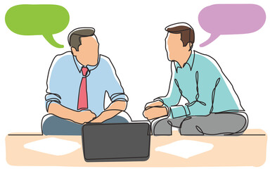 Fototapeta premium continuous line drawing two businessmen sitting talking employees colored PNG image with transparent background