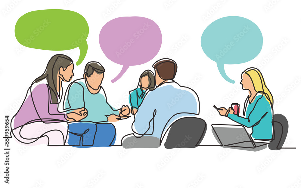 Poster continuous line drawing work team having meeting employees colored png image with transparent backgr